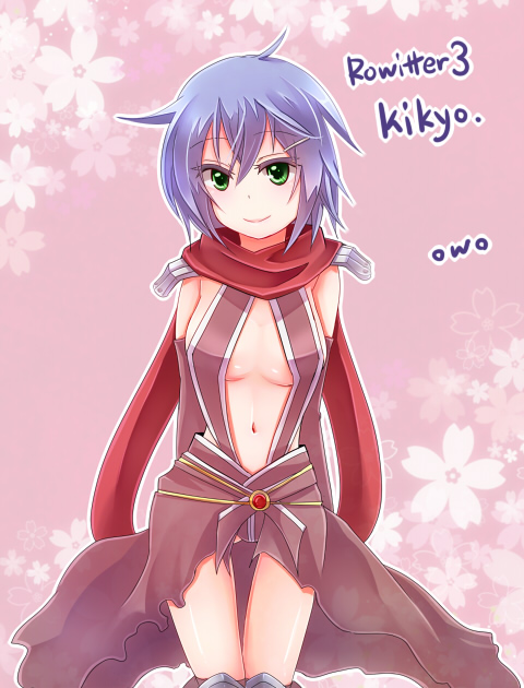 1girl armor assassin_cross_(ragnarok_online) blue_hair blush breasts brown_cape brown_leotard cape closed_mouth commentary_request cowboy_shot green_eyes hair_between_eyes leotard looking_at_viewer medium_breasts pauldrons pink_background ragnarok_online red_scarf revealing_clothes scarf short_hair shoulder_armor smile solo waist_cape yamai._(alpinum)
