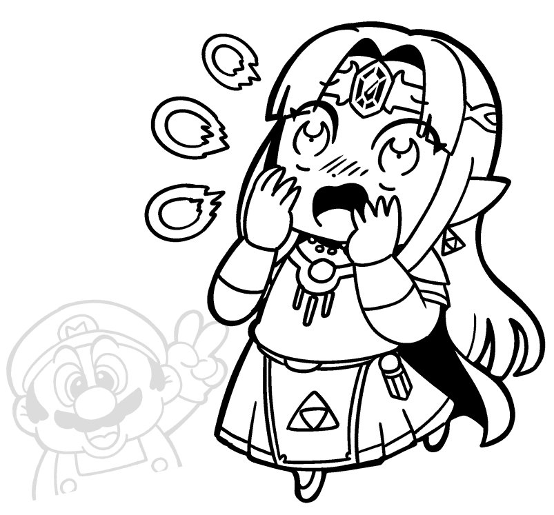 1boy 1girl armor belt bkub blush bracer cape circlet commentary_request dress earrings eyebrows_visible_through_headband facial_hair fireball floating_hair full_body gown greyscale hat jewelry long_hair looking_at_viewer mario mario_(series) monochrome mustache necklace nintendo open_mouth overalls parted_bangs partial_commentary pauldrons pearl_necklace pointy_ears princess_zelda shoes short_hair short_sleeves shoulder_armor sidelocks simple_background smile straight_hair super_smash_bros. surprised surprised_arms the_legend_of_zelda the_legend_of_zelda:_a_link_between_worlds triforce v white_background