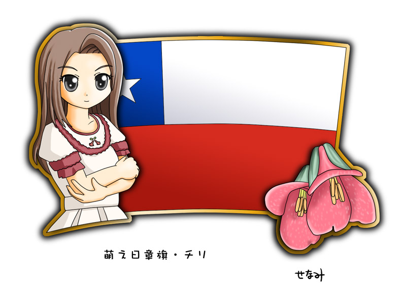 1girl bellflower brown_hair chile chilean_flag crossed_arms flag flower long_hair murakami_senami