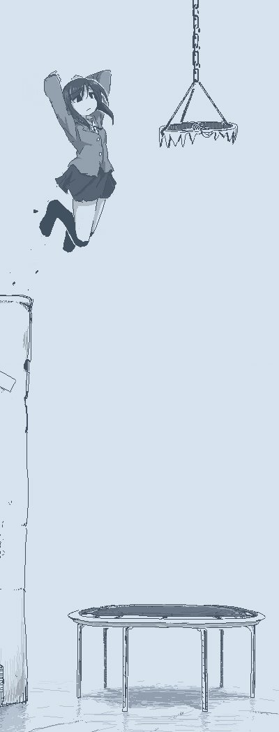 1girl attempted_suicide blazer blue_theme chain cliff bear_trap frown full_body greyscale hamsterfragment jacket jitome jumping monochrome no_nose original ribbon sad school_uniform short_hair socks solo stitched suicidal_girl_(hamsterfragment) suicide third-party_edit trampoline