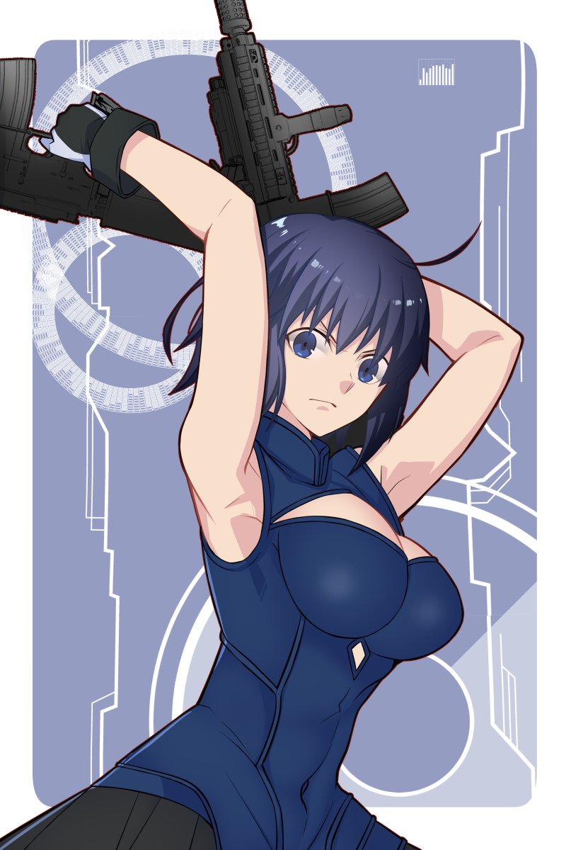 1girl ahoge armpits arms_up assault_rifle bare_shoulders black_skirt blue_eyes blue_hair breasts ciel_(tsukihime) cleavage_cutout closed_mouth clothing_cutout commentary_request gun h&amp;k_hk416 highres hirakawa holding holding_gun holding_weapon large_breasts looking_at_viewer official_alternate_costume powered_ciel rifle short_hair skirt sleeveless solo tsukihime tsukihime_(remake) weapon