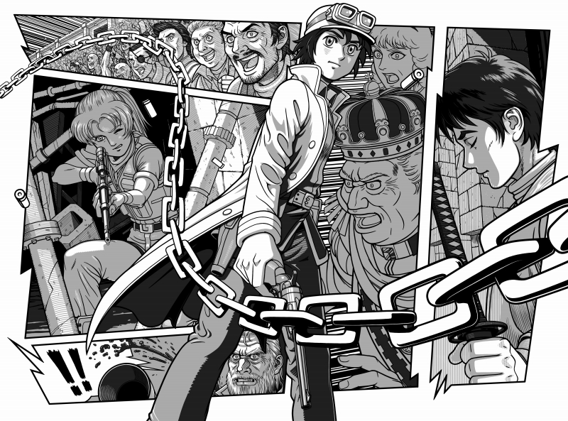 ! !! 00s beard belt blood chain coat comic crowd crown facial_hair goggles goggles_on_headwear greyscale gun handgun hat kino_(kino_no_tabi) kino_no_tabi md5_mismatch monochrome multiple_boys multiple_girls open_mouth pistol ponkotu-px resolution_mismatch reverse_trap revolver rifle shell_casing shizu_(kino_no_tabi) source_smaller sword weapon