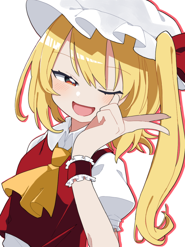 1girl ascot blonde_hair blush flandre_scarlet hat mob_cap one_eye_closed open_mouth red_eyes red_vest side_ponytail smile solo touhou upper_body vest white_background white_hat yamase yellow_ascot