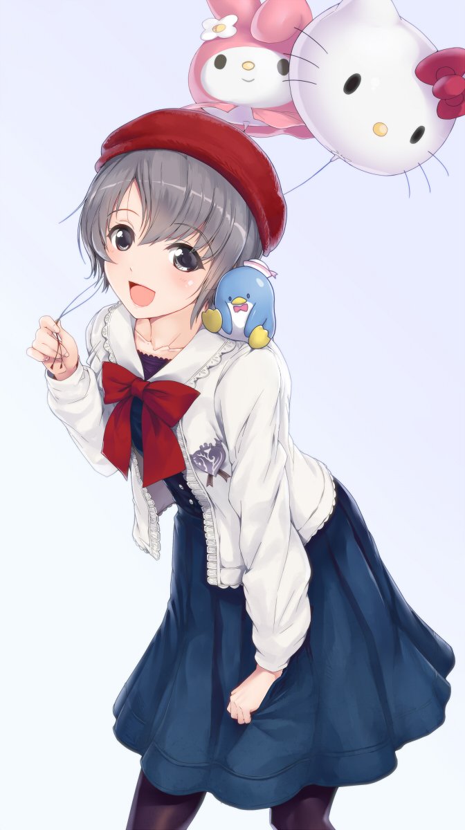 1girl :d balloon beret bird black_pantyhose blue_dress bow bowtie cat character_balloon clothes_grab cowboy_shot dress green_eyes grey_hair hat hello_kitty hello_kitty_(character) hi-ho- highres holding holding_balloon idolmaster idolmaster_cinderella_girls idolmaster_cinderella_girls_starlight_stage my_melody on_shoulder onegai_my_melody open_clothes open_mouth open_shirt otokura_yuuki pantyhose pigeon purple_background rabbit sanrio short_hair simple_background smile solo standing swept_bangs tuxedo_sam