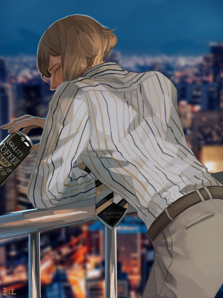 1boy alternate_costume belt blonde_hair blurry blurry_background brown_belt brown_pants can canned_coffee cityscape commentary_request cowboy_shot dated_commentary drink_can higekiri_(touken_ranbu) holding holding_can looking_at_viewer looking_back male_focus necktie pants railing shirt short_hair solo striped_clothes striped_necktie striped_shirt touken_ranbu white_shirt yellow_eyes zi_tsas