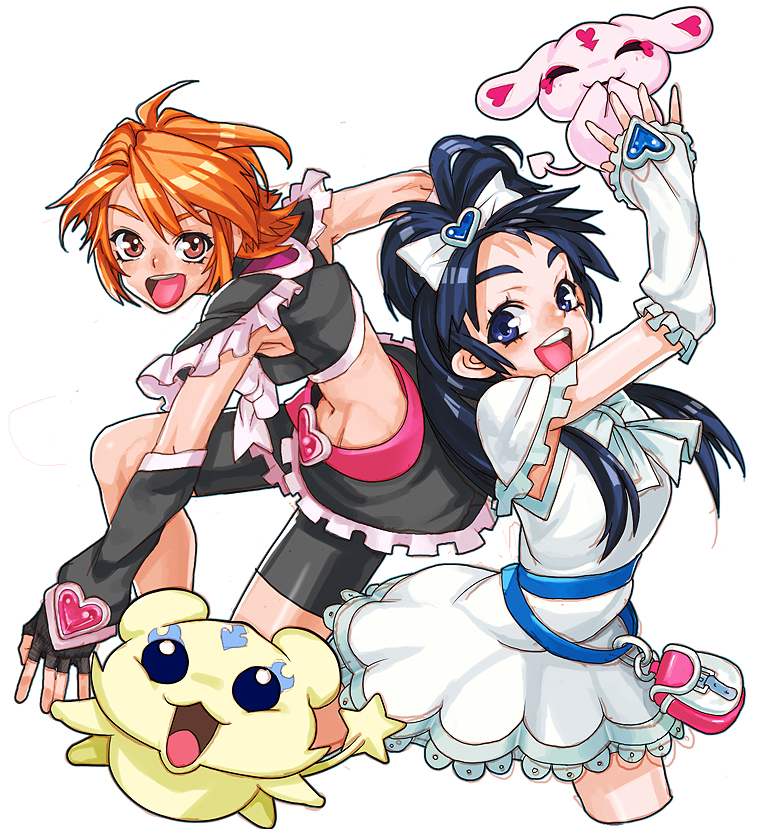 00s 2girls :d ^_^ bad_id bad_pixiv_id bike_shorts black_eyes black_hair bow closed_eyes creature cropped_legs cure_black cure_white dress frills futari_wa_precure gloves hair_ribbon happy high_ponytail long_hair magical_girl mepple midriff mipple misumi_nagisa multiple_girls open_mouth orange_hair ponytail precure ribbon short_hair shorts shorts_under_skirt sketch smile takoyaki_neko-san white_background yukishiro_honoka