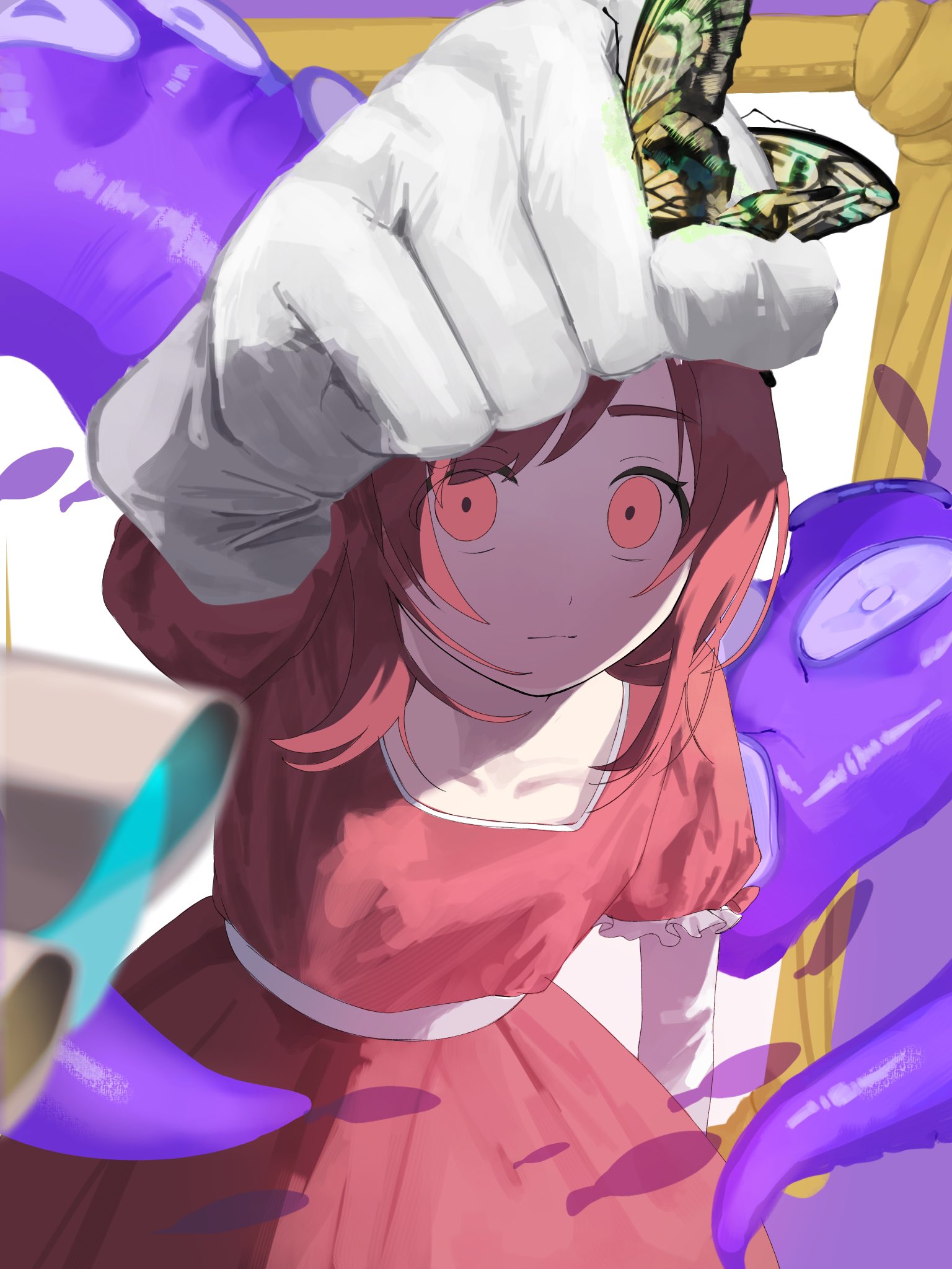 1000-nen_ikiteru_(vocaloid) 1girl arm_up blood blood_on_hands blurry blurry_foreground closed_mouth collarbone commentary cowboy_shot crushed dress elbow_gloves empty_eyes english_commentary expressionless foreshortening from_above gloves green_blood highres holding_butterfly iki_(iyowa) iyowa_girls long_hair looking_at_viewer looking_up picture_frame pink_dress pink_eyes pink_hair puffy_short_sleeves puffy_sleeves sash short_sleeves solo tentacles terazuki traffic_light waist_sash white_gloves white_sash