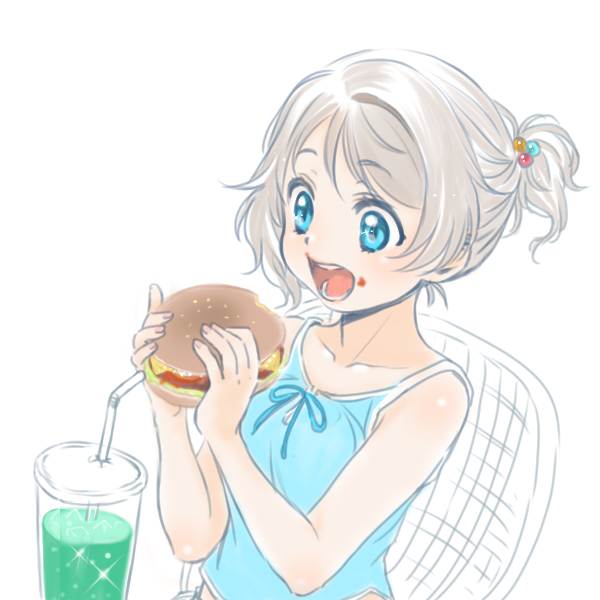 blue_eyes brown_hair burger chair drink drinking_straw eating love_live! love_live!_sunshine!! open_mouth ponytail sauce short_hair simple_background sitting smile tank_top watanabe_you
