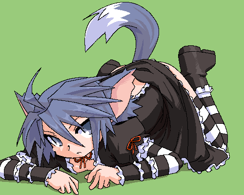animal_ears bad_id bad_pixiv_id lowres mof oekaki solo striped_clothes striped_thighhighs summon_night tail thighhighs yuel_(summon_night)