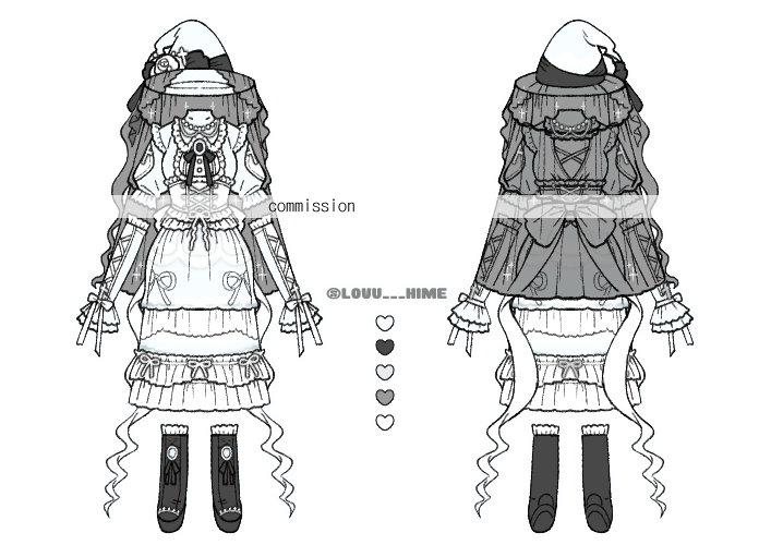 back_bow bad_id bad_twitter_id black_bow black_footwear boots bow commission detached_sleeves dress frilled_sleeves frills hat lineup no_humans original puffy_short_sleeves puffy_sleeves ribbon short_sleeves sleeve_ribbon transparent_background u_emper white_bow white_dress white_hat white_ribbon white_sleeves witch_hat