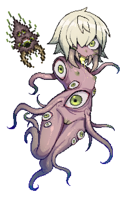 1girl amputee cleft_of_venus colored_nipples colored_skin drooling eater_of_souls eldritch_abomination eyeball fangs female_focus flat_chest full_body green_eyes hair_over_one_eye looking_at_viewer mandibles monster_girl multiple_eyes nipples nyong_nyong personification pixel_art purple_skin pussy reference_inset reference_photo short_hair simple_background solo sprite tentacles terraria uncensored white_background white_hair