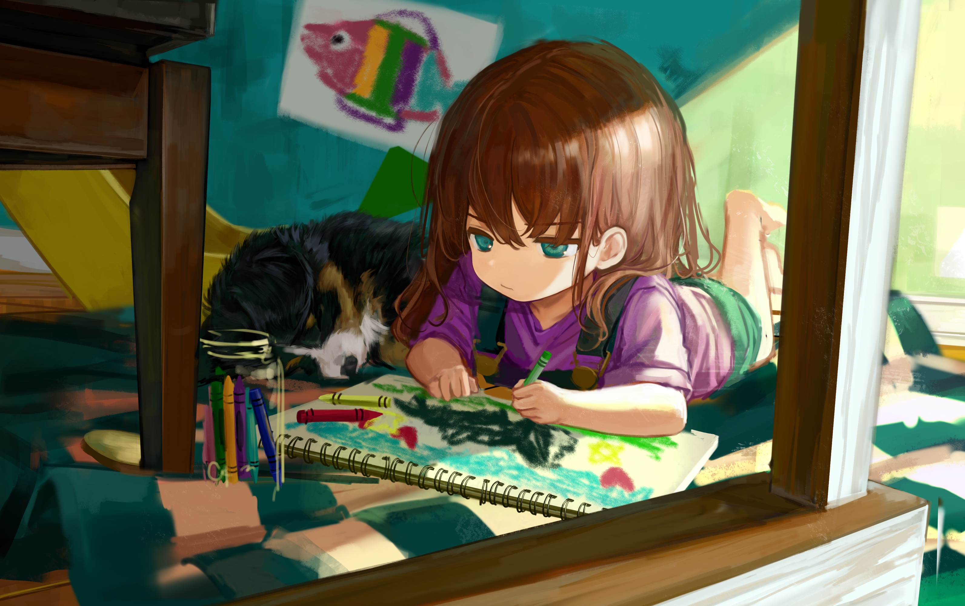 1girl aqua_eyes barefoot bernese_mountain_dog blue_overalls brown_hair child closed_mouth colored_eyelashes commentary crayon drawing_(action) drawing_(object) full_body hair_between_eyes half-closed_eyes highres holding holding_crayon indoors legs_up long_hair lying on_floor on_stomach original overalls purple_shirt sero3eta shirt short_sleeves sleeping_animal solo symbol-only_commentary