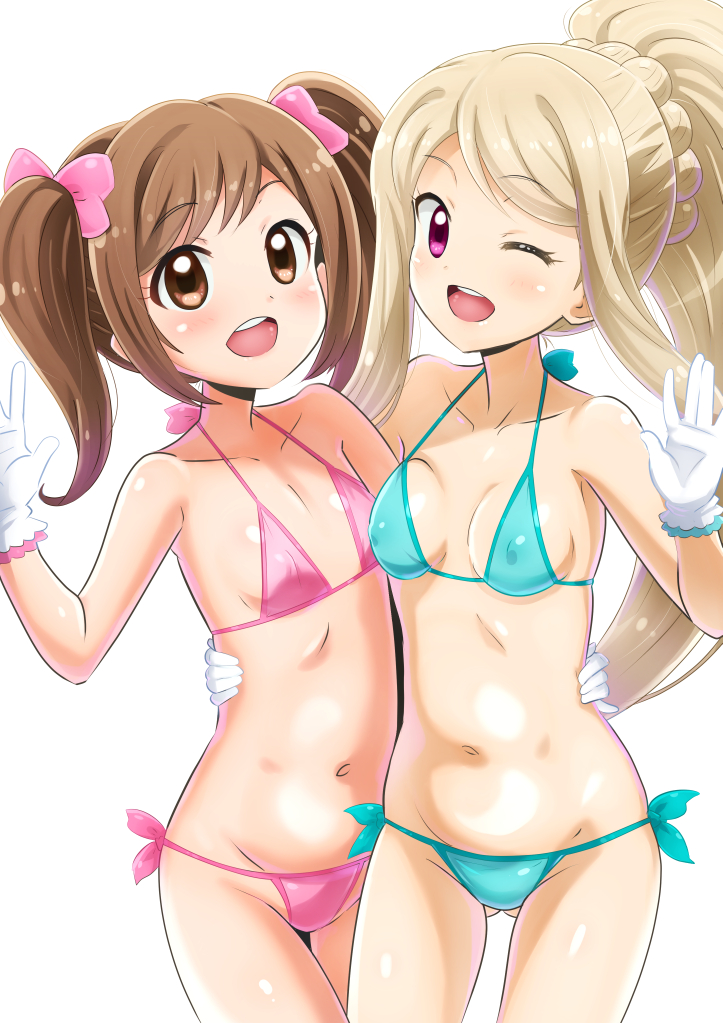 2girls :d aqua_bikini arm_around_waist bare_shoulders bikini blonde_hair bow breasts brown_eyes brown_hair character_request cocotama_(series) collarbone copyright_request covered_erect_nipples cowboy_shot gloves gluteal_fold groin hair_bow halterneck hand_up high_ponytail kamisama_minarai:_himitsu_no_cocotama light_blush long_hair long_sidelocks looking_at_viewer medium_hair multiple_girls nami_makoto navel one_eye_closed open_mouth parted_bangs pink_bikini pink_bow pink_eyes ponytail sakurai_nozomi_(kamisama_minarai) side-tie_bikini_bottom sidelocks simple_background small_breasts smile standing string_bikini swept_bangs swimsuit teeth twintails upper_teeth_only waving white_background white_gloves yotsuba_kokoro
