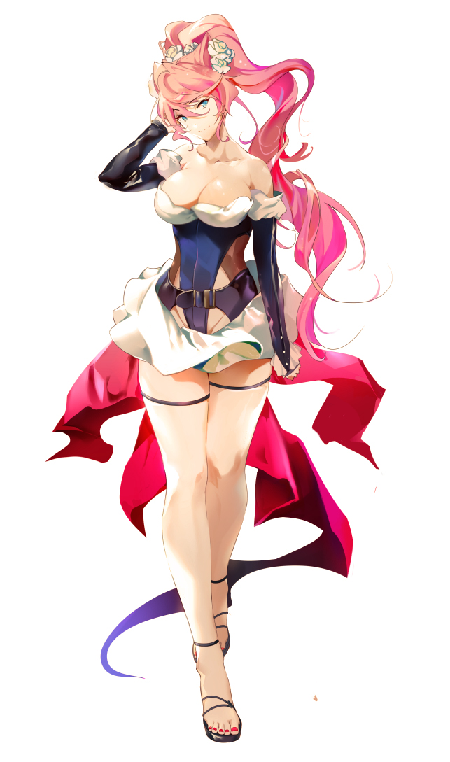 10s 1girl alternate_costume alternate_hairstyle arm_up bare_shoulders blue_eyes blush breasts cleavage detached_sleeves female_focus flower full_body hair_flower hair_ornament hand_to_head large_breasts legs_together long_hair looking_at_viewer maria_cadenzavna_eve nail_polish naye pink_hair ponytail senki_zesshou_symphogear shiny_skin shoes simple_background skirt smile solo standing thigh_strap very_long_hair white_background