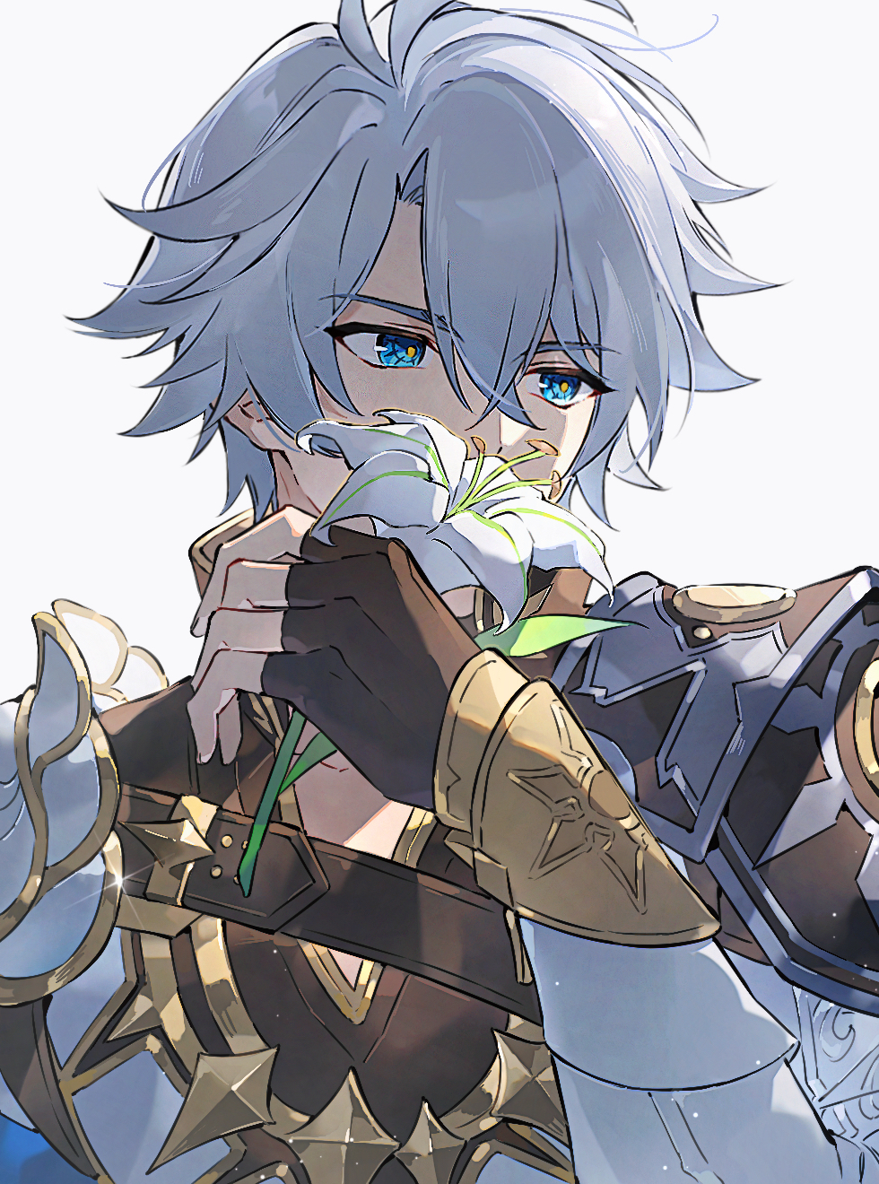 1boy antenna_hair armor black_choker black_gloves black_shirt blue_eyes choker coat commentary fingerless_gloves flower gloves hair_between_eyes highres holding holding_flower honkai:_star_rail honkai_(series) looking_to_the_side male_focus osamu18568716 pauldrons phainon_(honkai:_star_rail) shirt short_hair shoulder_armor single_pauldron solo symbol-only_commentary upper_body vambraces white_coat white_flower white_hair