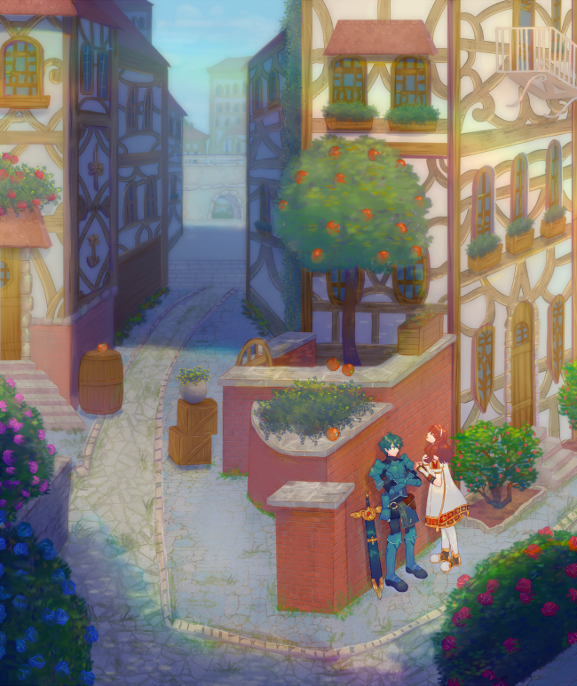 1boy 1girl alm_(fire_emblem) apple apple_tree armor breastplate cape celica_(fire_emblem) fire_emblem fire_emblem_gaiden food fruit gauntlets gloves greaves green_hair lijupy long_hair nintendo pauldrons red_hair road shoulder_armor standing street sword tree wavy_hair weapon
