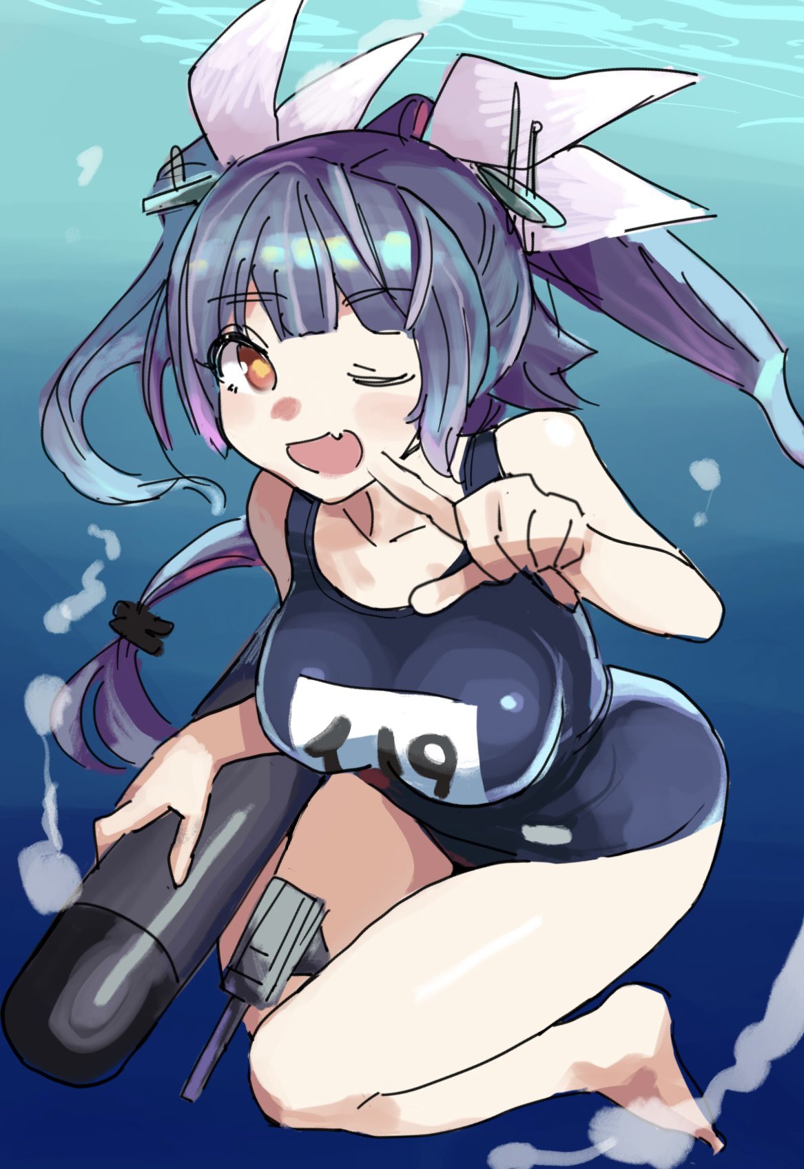1girl barefoot blue_hair blue_one-piece_swimsuit blush breasts commentary_request fang hair_ribbon highres i-19_(kancolle) index_finger_raised kantai_collection large_breasts long_hair looking_at_viewer mizoki_kei name_tag one-piece_swimsuit one_eye_closed open_mouth purple_hair ribbon school_swimsuit sketch solo swimsuit torpedo tri_tails underwater water