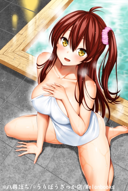 1girl antenna_hair artist_name barefoot blush breasts brown_hair cleavage collarbone commentary_request copyright_notice hair_between_eyes hair_ornament hair_scrunchie hand_on_own_chest indoors large_breasts long_hair looking_at_viewer naked_towel on_floor one_side_up onsen open_mouth original pink_scrunchie scrunchie seiza sitting smile solo towel water wet yahiro_pochi yellow_eyes