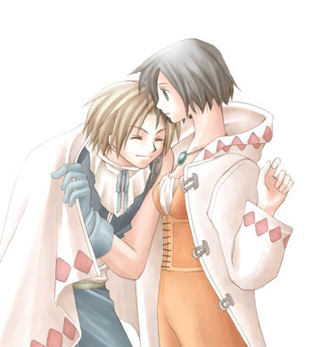 1boy 1girl bad_id black_hair blonde_hair blue_gloves blue_pants blue_ribbon bob_cut closed_eyes clothes_grab coat commentary_request expressionless final_fantasy final_fantasy_ix garnet_til_alexandros_xvii gloves green_pendant grey_hair hand_up happy jewelry looking_at_another lowres neck_ribbon necklace open_clothes open_coat pants rendezvous ribbon short_hair simple_background smile upper_body white_background white_coat zidane_tribal