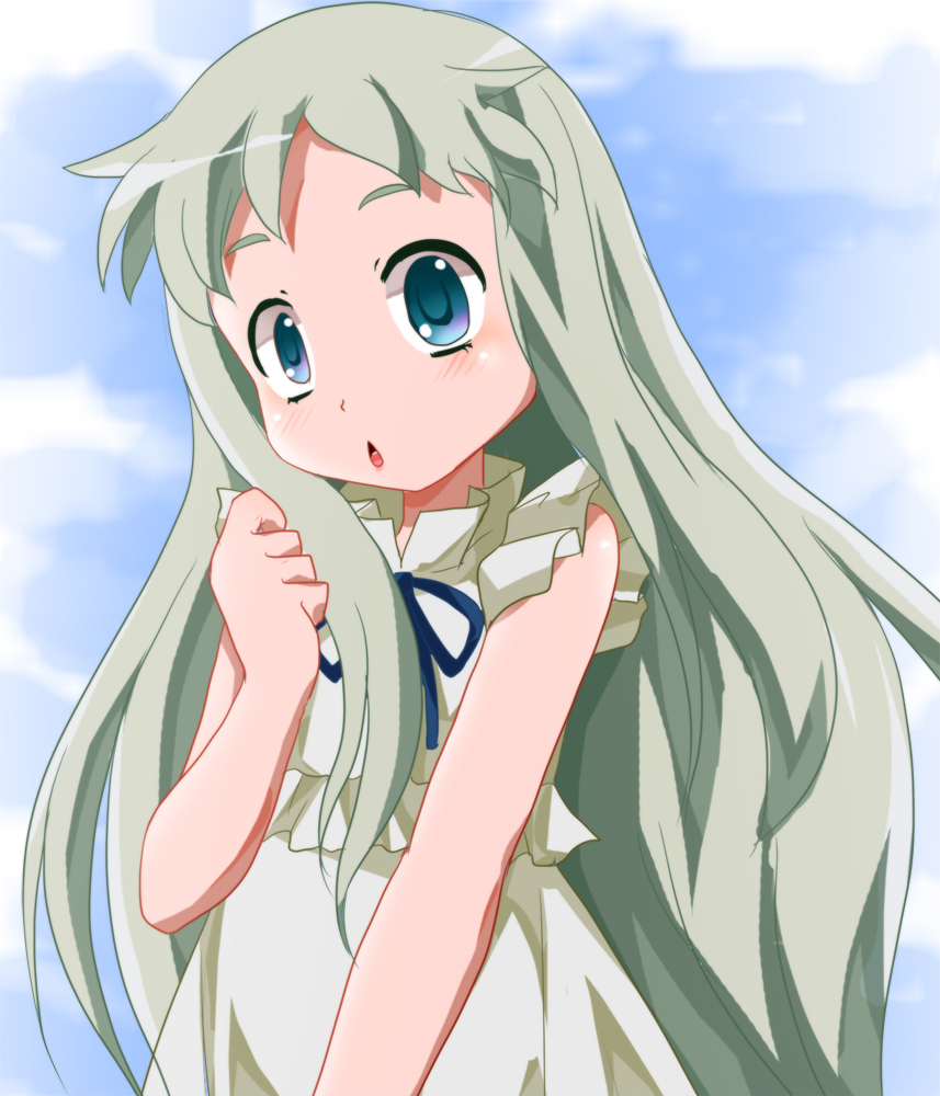 1girl ano_hi_mita_hana_no_namae_wo_bokutachi_wa_mada_shiranai. blue_eyes blush day dot_nose dress female_focus grey_hair honma_meiko long_hair looking_at_viewer open_mouth outdoors shishinon sky solo standing