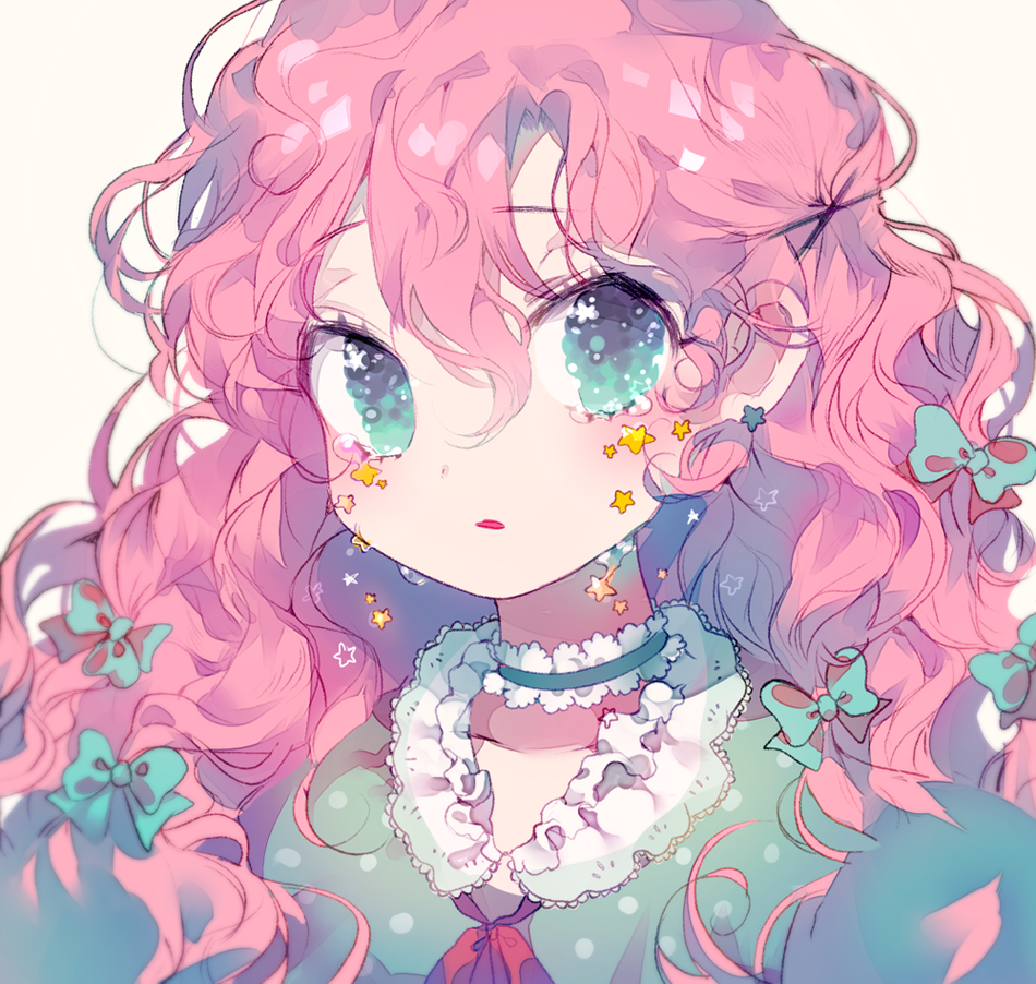 1girl alternate_body_fluid blue_eyes bobby_pin choker crying crying_with_eyes_open female_focus hair_ribbon original pink_hair portrait ribbon ribbon_choker simple_background solo star-shaped_pupils star_(symbol) star_tears symbol-shaped_pupils tears vivinos wavy_hair white_background