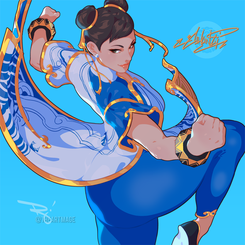 1girl ass blue_background bracelet breasts brown_eyes brown_hair capcom chinese_clothes chun-li earrings gold hair_bun jewelry large_breasts leggings lips looking_at_viewer one_leg_raised pearl_earrings shoes smile street_fighter street_fighter_6 the_art_mage