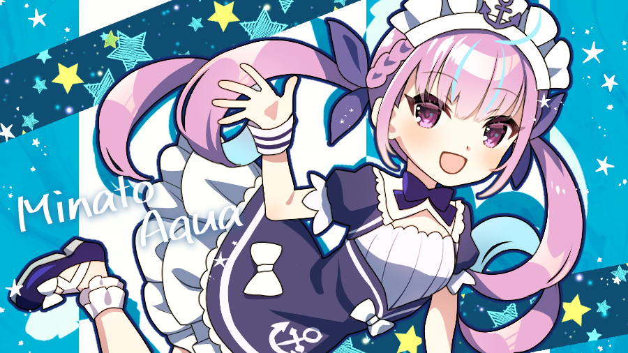 1girl :d blue_background blue_streaks blush character_name commentary_request cowboy_shot dress frilled_dress frills hair_ribbon hand_up hololive long_hair looking_at_viewer maid maid_headdress minato_aqua minato_aqua_(1st_costume) multicolored_hair open_mouth pink_eyes pink_hair purple_dress purple_ribbon purple_shoes ribbon shoes short_sleeves shuu_(syuuuuuuuuuu) smile solo star_(symbol) star_symbol_background streaked_hair twintails virtual_youtuber wrist_cuffs