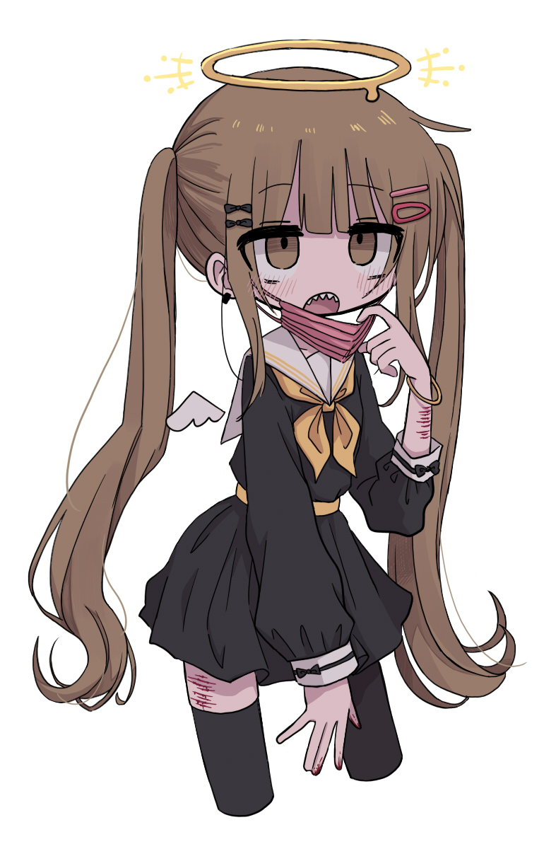 1girl black_dress black_thighhighs blood blush brown_eyes brown_hair dress highres injury kanikan long_hair long_sleeves mini_wings musk neckerchief open_mouth original sailor_collar sailor_dress scar scar_on_leg self-harm self-harm_scar sharp_teeth simple_background solo teeth thighhighs upper_teeth_only very_long_hair white_background wings wrist_cutting yellow_neckerchief