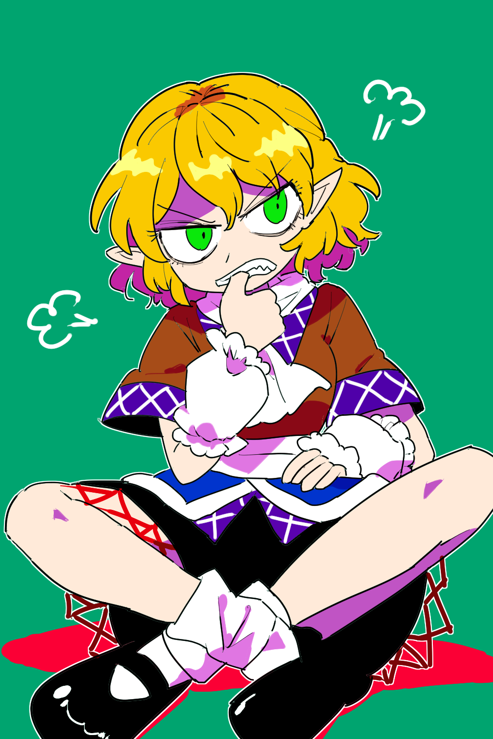 1girl black_shoes blonde_hair bollzzalguy breasts brown_shirt clenched_teeth green_background green_eyes highres mizuhashi_parsee shirt shoes short_hair simple_background sitting socks solo teeth touhou white_socks