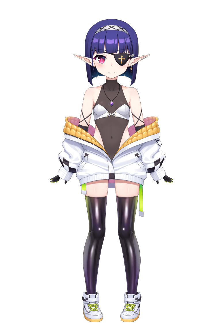 1girl black_gloves black_leotard black_thighhighs breasts closed_mouth commentary_request covered_collarbone covered_navel earrings elf eyepatch fang fang_out fangs female_focus full_body gloves heijialan jacket jewelry leotard long_sleeves looking_at_viewer off_shoulder open_clothes open_jacket original pigeon-toed pointy_ears puffy_long_sleeves puffy_sleeves purple_hair red_eyes shoes simple_background sleeves_past_wrists small_breasts smile solo standing thighhighs white_background white_jacket white_shoes