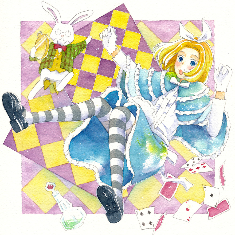 1girl ace_(playing_card) ace_of_hearts ace_of_spades alice_in_wonderland black_shoes blonde_hair blue_capelet blue_eyes blue_skirt capelet card center_frills classicaloid eyelashes falling five_of_clubs four_of_clubs frilled_capelet frills full_body gloves heart kankichi long_sleeves open_mouth painting_(medium) playing_card pyotr_illyich_tchaikovsky_(classicaloid) shirt shoes skirt spade_(shape) striped_clothes striped_thighhighs thighhighs three_of_diamonds traditional_media vial watercolor_(medium) white_gloves white_rabbit_(alice_in_wonderland) white_shirt