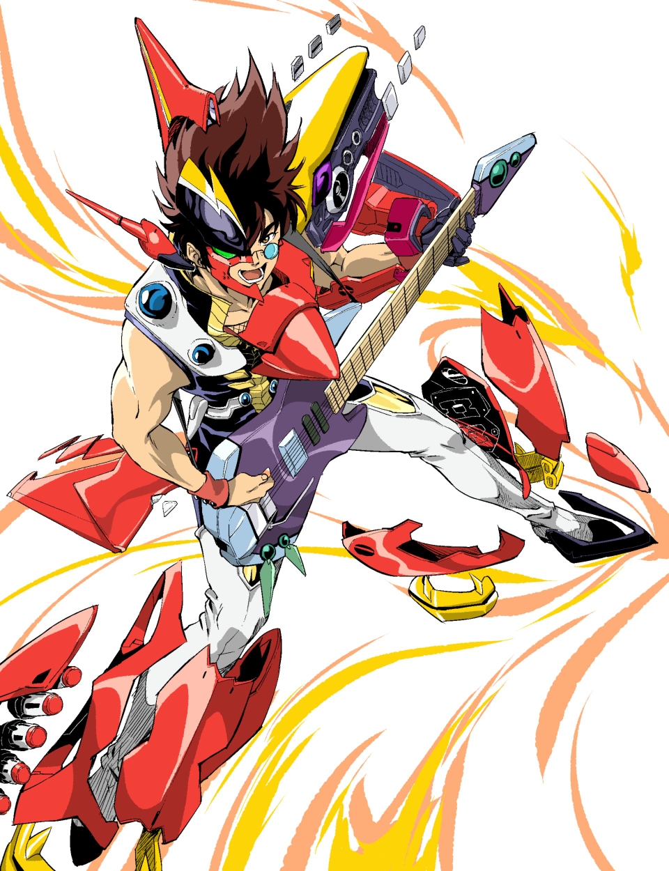 1boy boots brown_eyes brown_hair commentary electric_guitar fire fire_valkyrie glasses guitar highres holding holding_plectrum instrument macross macross_7 male_focus mechabare missile nekki_basara playing_guitar playing_instrument plectrum primejr sleeveless thigh_boots white_background wristband
