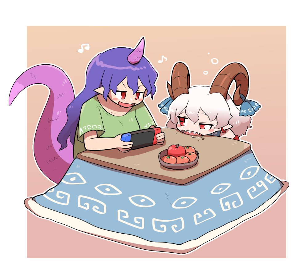 2girls apple blue_bow bow earrings food fruit goat_girl goat_horns green_shirt handheld_game_console horizontal_pupils horns jewelry kasugai_(de-tteiu) kotatsu mandarin_orange multiple_girls pointy_ears purple_hair red_eyes saliva sharp_teeth shirt simple_background single_horn table tail teeth tenkajin_chiyari touhou toutetsu_yuuma