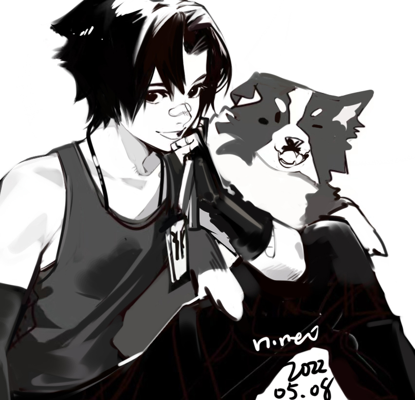 1boy :d arknights artist_name bandaid bandaid_on_face bandaid_on_nose bishounen dated dog gloves greyscale id_card knee_up looking_at_viewer male_focus monochrome nineo open_mouth pants short_hair simple_background sitting smile solo tank_top white_background windflit_(arknights)