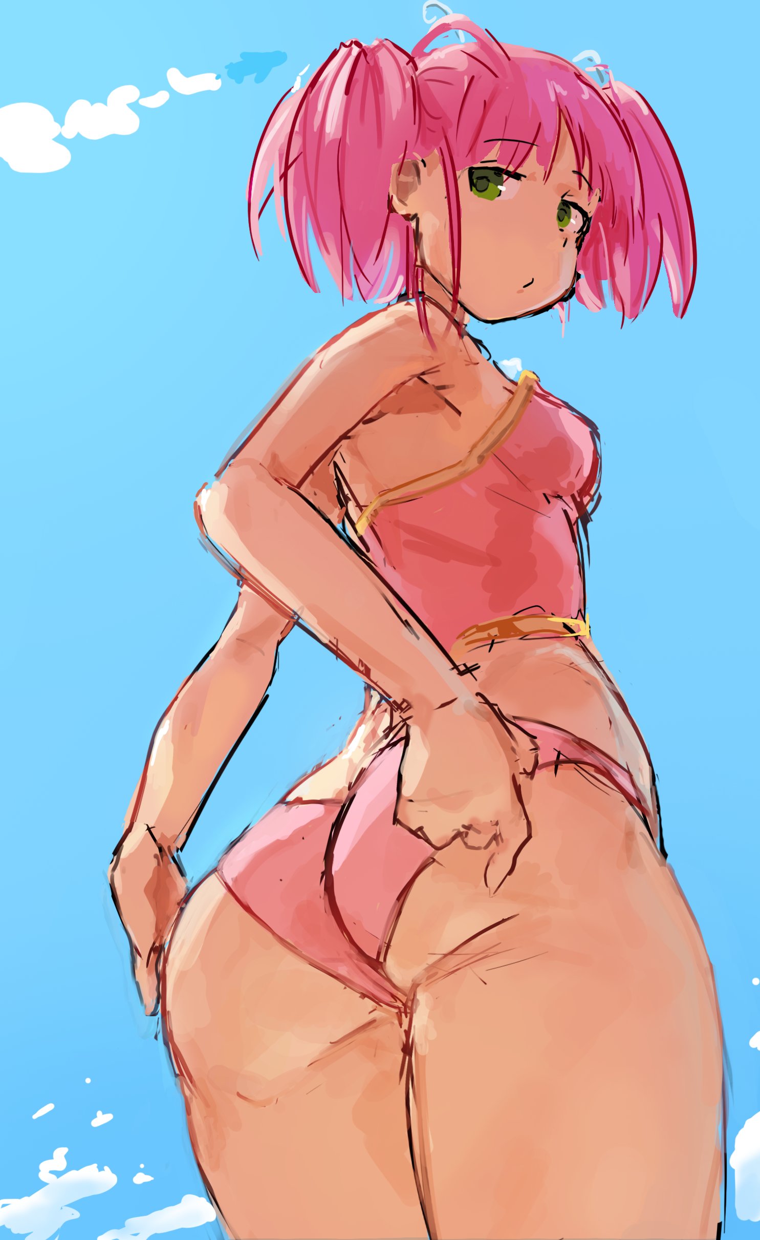 1girl ass crop_top green_eyes hunie_pop kyu_sugardust liamickpie looking_back pink_hair twintails underwear
