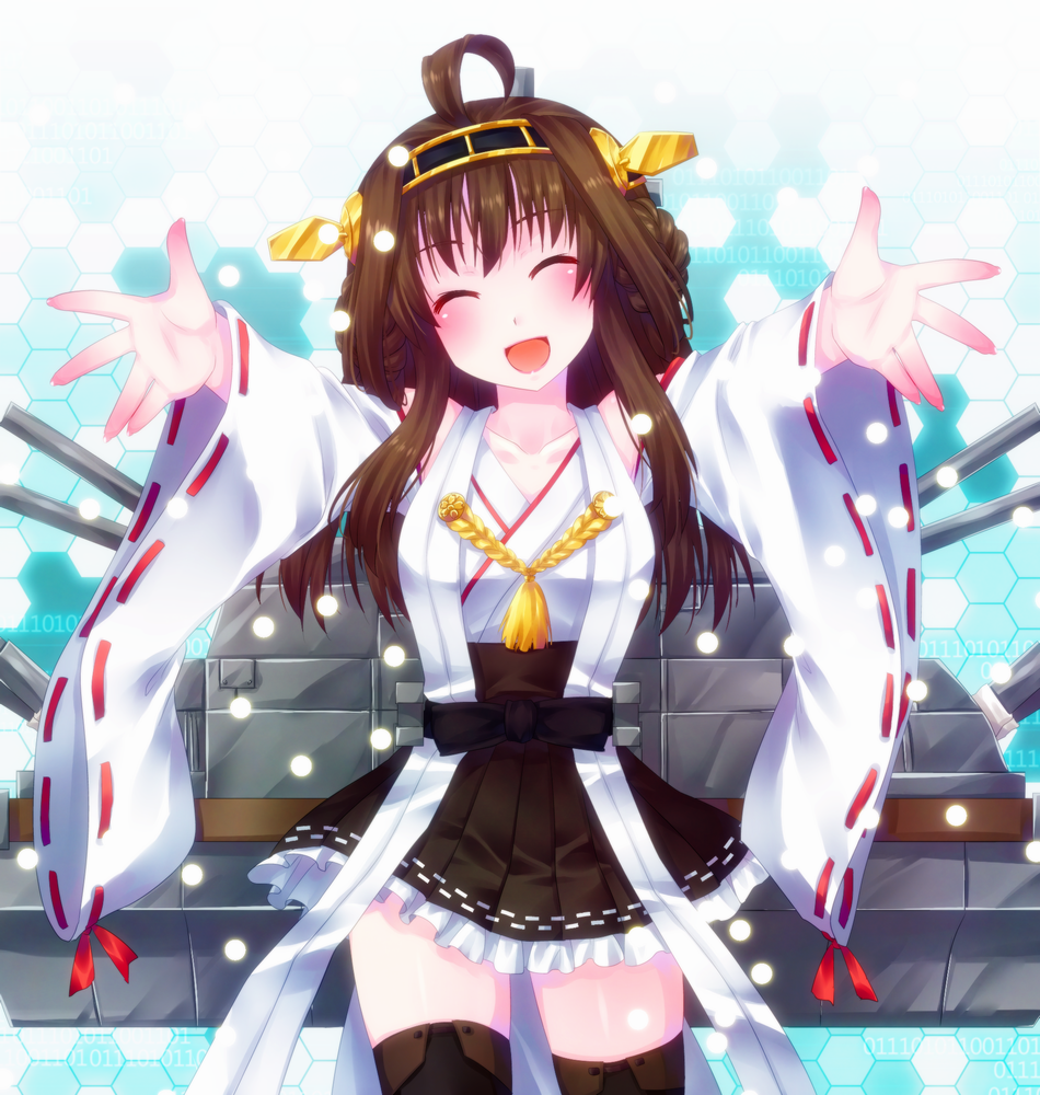 10s 1girl ^_^ ahoge bad_id bad_pixiv_id brown_hair closed_eyes detached_sleeves door_to_heaven female_focus hairband japanese_clothes kantai_collection kongou_(kancolle) long_hair machinery nontraditional_miko ship_turret snowing solo thighhighs wide_sleeves