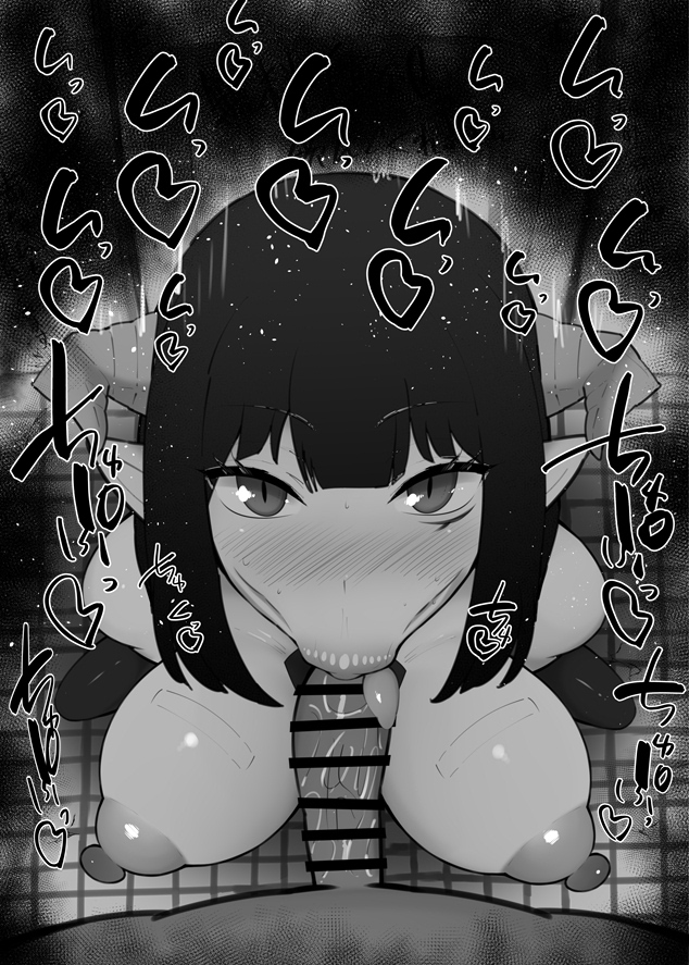 breasts demon_girl demon_horns fellatio female_focus hime-sama_&quot;goumon&quot;_no_jikan_desu horns kneeling kurotama large_breasts looking_at_viewer looking_up monochrome oral penis pov tagme torture_tortura