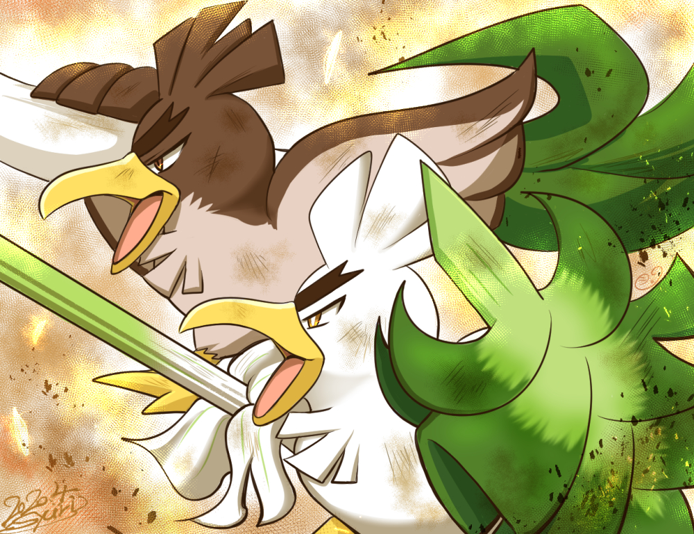 animal_focus bird brown_background brown_eyes dated dirty duck food galarian_farfetch&#039;d galarian_form gen_8_pokemon holding holding_food holding_vegetable looking_ahead nintendo no_humans open_mouth pokemon pokemon_(creature) shuri_(syurigame) signature sirfetch&#039;d spring_onion v-shaped_eyebrows vegetable