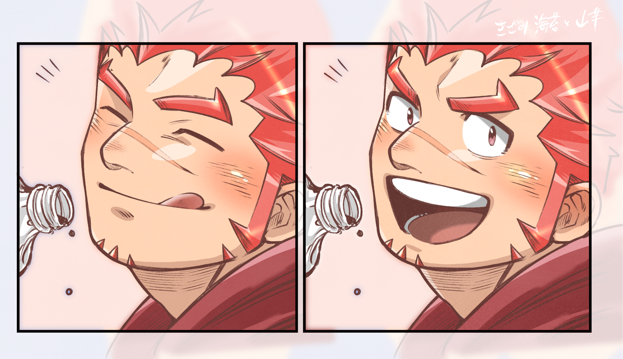 1boy :d :q akashi_(live_a_hero) bara blush drinking facial_hair goatee happy_aura highres kizami_nori_to_yamaimo live_a_hero long_sideburns looking_at_viewer male_focus multiple_views open_mouth red_eyes red_hair scar scar_on_face scar_on_nose short_hair sideburns smile thick_eyebrows tongue tongue_out water_drop