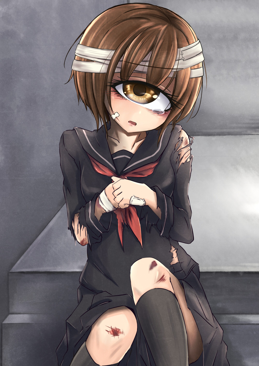 1girl bandaged_head bandages bandaid bandaid_on_face black_serafuku black_skirt black_socks brown_eyes brown_hair collarbone cyclops female_focus head_tilt highres hitomebore injury kneehighs looking_at_viewer mokichi812 one-eyed own_hands_together school_uniform scratches serafuku short_hair sitting sitting_on_stairs skirt socks solo stairs tears torn_clothes usui_sachi
