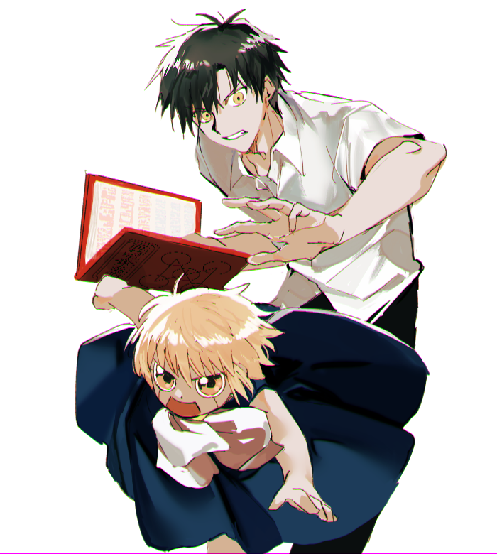 2boys ascot black_hair blonde_hair blue_cloak book cloak gash_bell holding holding_book konjiki_no_gash!! multiple_boys shirt short_hair short_sleeves simple_background ss_un17 takamine_kiyomaro white_ascot white_background white_shirt yellow_eyes