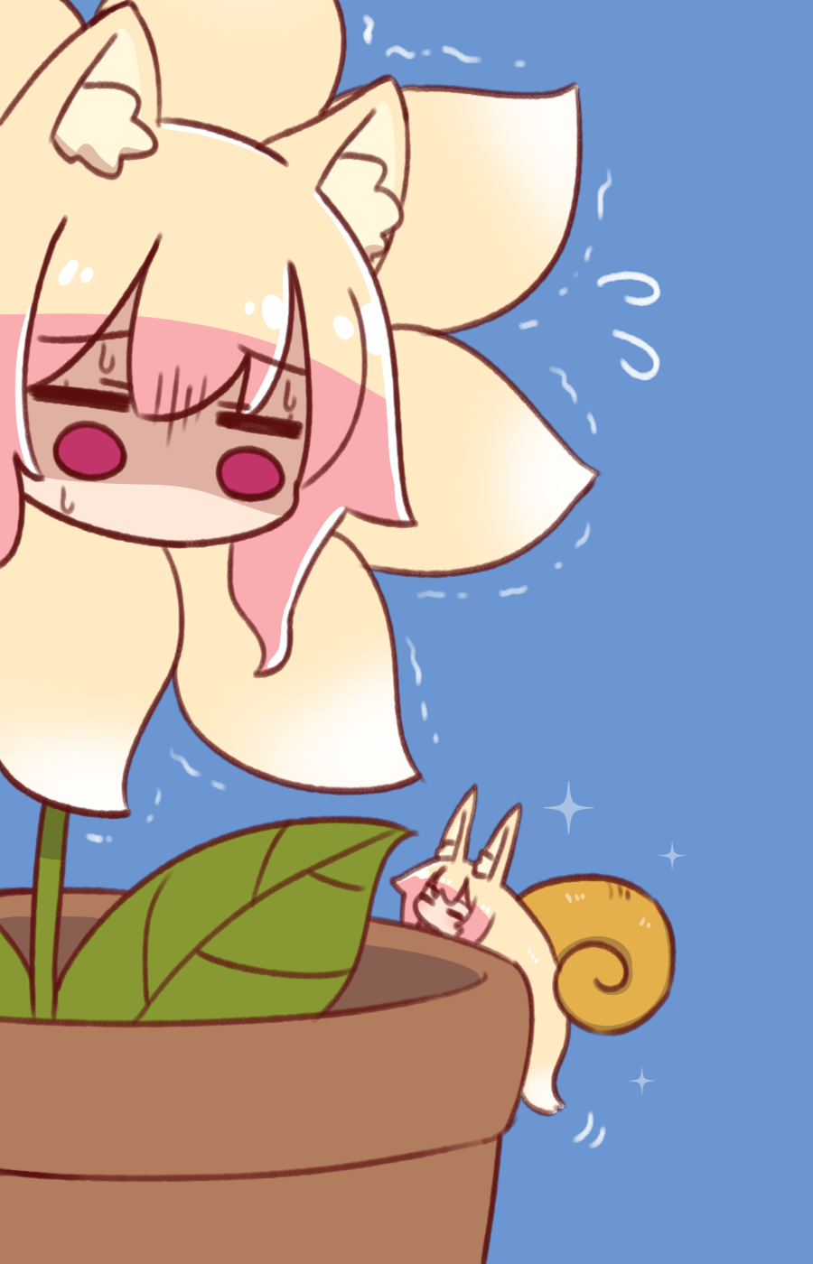 2girls animal_ear_fluff animal_ears blonde_hair blue_background closed_eyes flower flower_pot flying_sweatdrops fox_ears fox_tail highres kemomimi-chan_(naga_u) multiple_girls naga_u no_mouth original plant potted_plant shaded_face simple_background snail sparkle tail trembling turn_pale