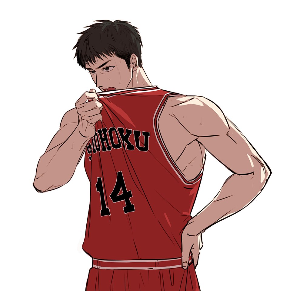 1boy arm_up basketball_jersey basketball_shorts basketball_uniform black_hair brown_eyes clothes_lift commentary_request cowboy_shot hand_on_own_hip korean_commentary lifting_own_clothes looking_ahead lower_teeth_only male_focus mitsui_hisashi open_mouth red_shorts romaji_text shirt_lift short_hair shorts sideburns simple_background slam_dunk_(series) solo sportswear sweat teeth toned toned_male white_background yamsong
