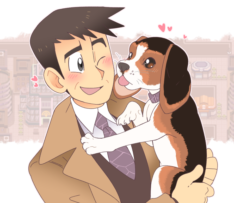 1boy animal animal_ears beagle brown_fur brown_hair coat collar collared_shirt dog dog_ears grey_eyes heart holding holding_animal looker_(pokemon) male_focus necktie nintendo one_eye_closed open_mouth pokemon pokemon_dppt shirt smile tongue tongue_out upper_body vergolophus