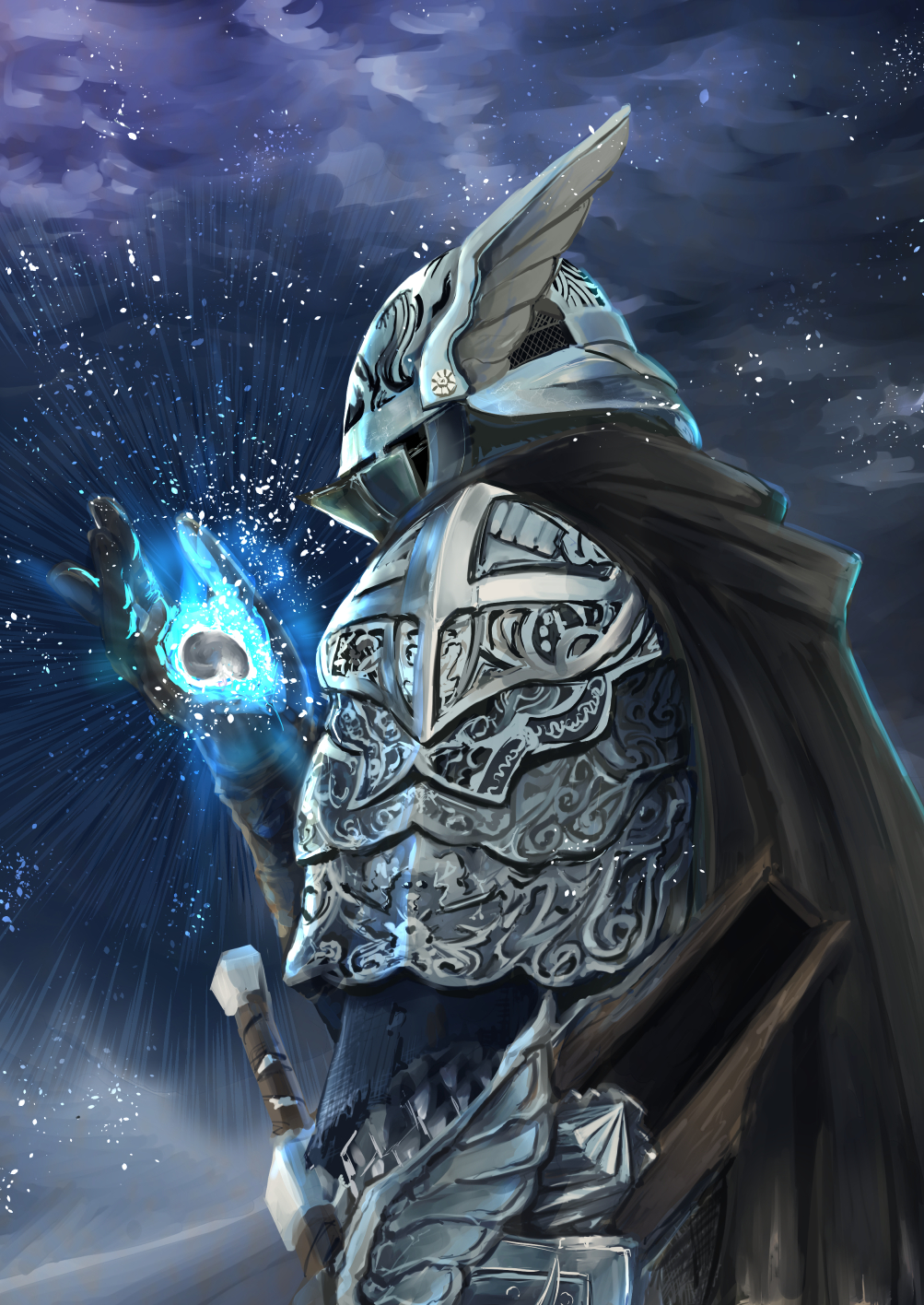 1boy arm_up armor brown_cape cape commentary_request elden_ring elden_ring_nightreign glowing helmet highres male_focus night night_sky sky sofusan1526 solo standing winged_helmet wylder_(elden_ring)