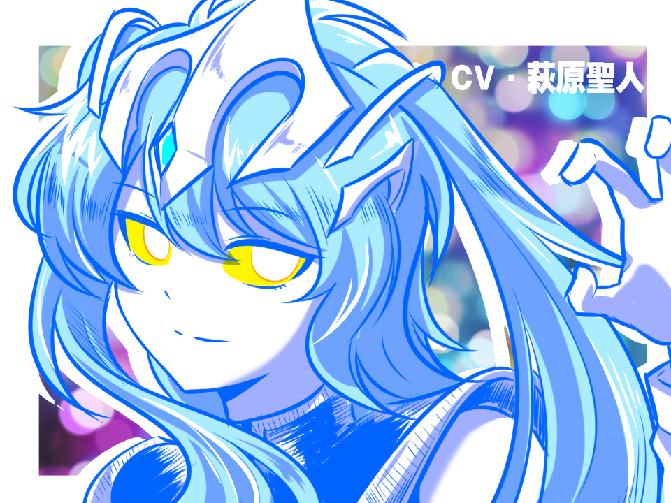 1girl aura blue_aura blue_gemstone blue_hair blurry blurry_background bokeh border claw_pose closed_mouth colored_sclera commentary depth_of_field dress forehead_jewel gem genderswap genderswap_(mtf) ginga_no_kou glowing glowing_eyes hair_between_eyes hand_up headgear humanization long_hair looking_at_viewer outside_border pale_skin portrait sleeveless sleeveless_dress smile solo tokusatsu translated twintails ultra_series ultraman_arc ultraman_arc_(series) white_border white_eyes yellow_sclera