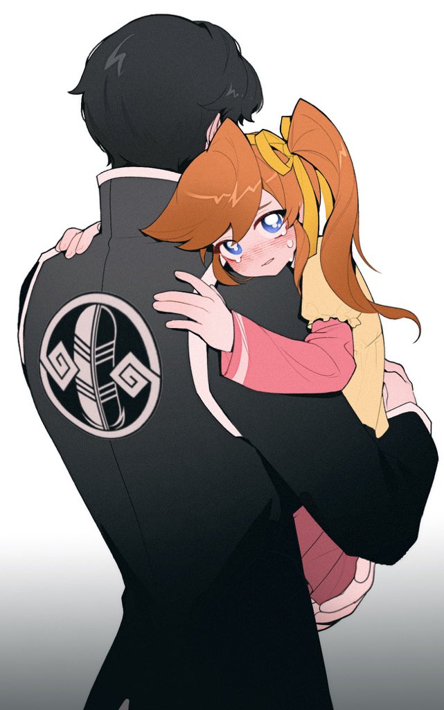 1boy 1girl ace_attorney aged_down athena_cykes black_coat black_hair blue_eyes blush carrying carrying_person coat crying crying_with_eyes_open gradient_background hair_between_eyes hair_ribbon layered_sleeves long_hair long_sleeves looking_at_viewer orange_hair parted_lips phoenix_wright:_ace_attorney_-_dual_destinies ribbon salted_whale side_ponytail simon_blackquill simple_background tears