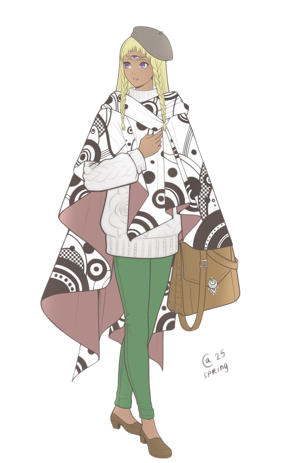 1girl alternate_costume autumn-sacura bag blonde_hair braid brown_bag contemporary dark-skinned_female dark_skin eupha_(metaphor:_refantazio) full_body grey_hat hat highres lips long_hair long_sleeves metaphor:_refantazio parted_lips pink_lips purple_eyes simple_background solo sweater third_eye turtleneck turtleneck_sweater twin_braids twitter_username white_background white_sweater
