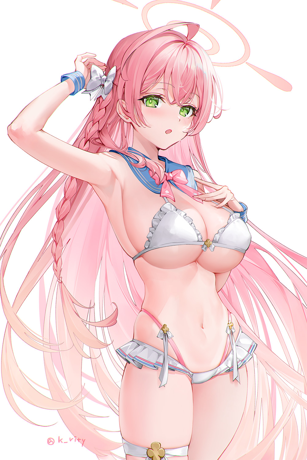 1girl ahoge bikini blue_archive blue_sailor_collar bow braid breasts collarbone commentary frilled_bikini frills green_eyes hair_bow hair_spread_out halo hanako_(blue_archive) highres large_breasts navel open_mouth pink_hair rity sailor_collar side_braid simple_background single_braid solo stomach swimsuit thigh_strap thighs white_background white_bikini white_bow