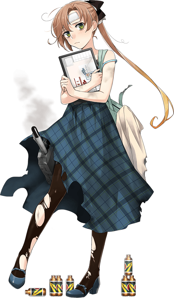 1girl akigumo_(kancolle) akigumo_kai_ni_(comiket)_(kancolle) akigumo_kai_ni_(kancolle) alternate_costume bag bags_under_eyes black_pantyhose blue_camisole blue_skirt book bottle brown_hair camisole cold_pack energy_drink fujikawa full_body green_eyes hair_ribbon kantai_collection long_skirt looking_at_viewer official_art pantyhose plaid_clothes plaid_skirt ribbon shaded_face side_ponytail skirt solo stylus sweat sweatdrop tablet_pc torn_clothes torn_pantyhose torpedo_launcher transparent_background